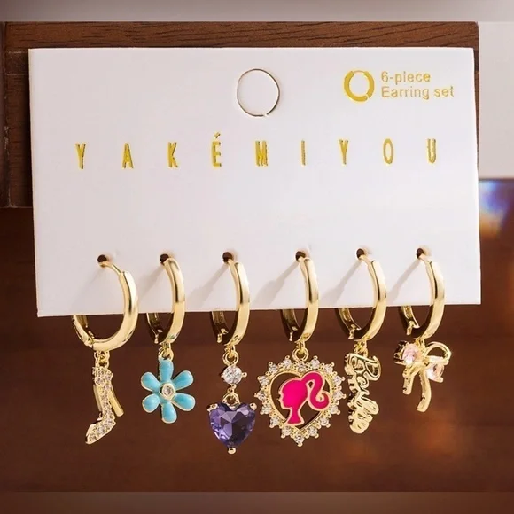 14K Gold Plated Barbie Inspired Theme Huggie Hoop Dangle Mismatched Set - Picture 1 of 2